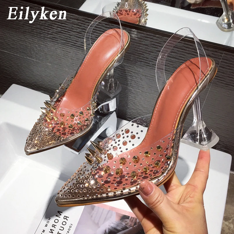Eilyken Gold Silver PVC Transparent Rivet Diamond Pumps Sandals Perspex Heel Pointed Toe Crystal Wedding Shoes