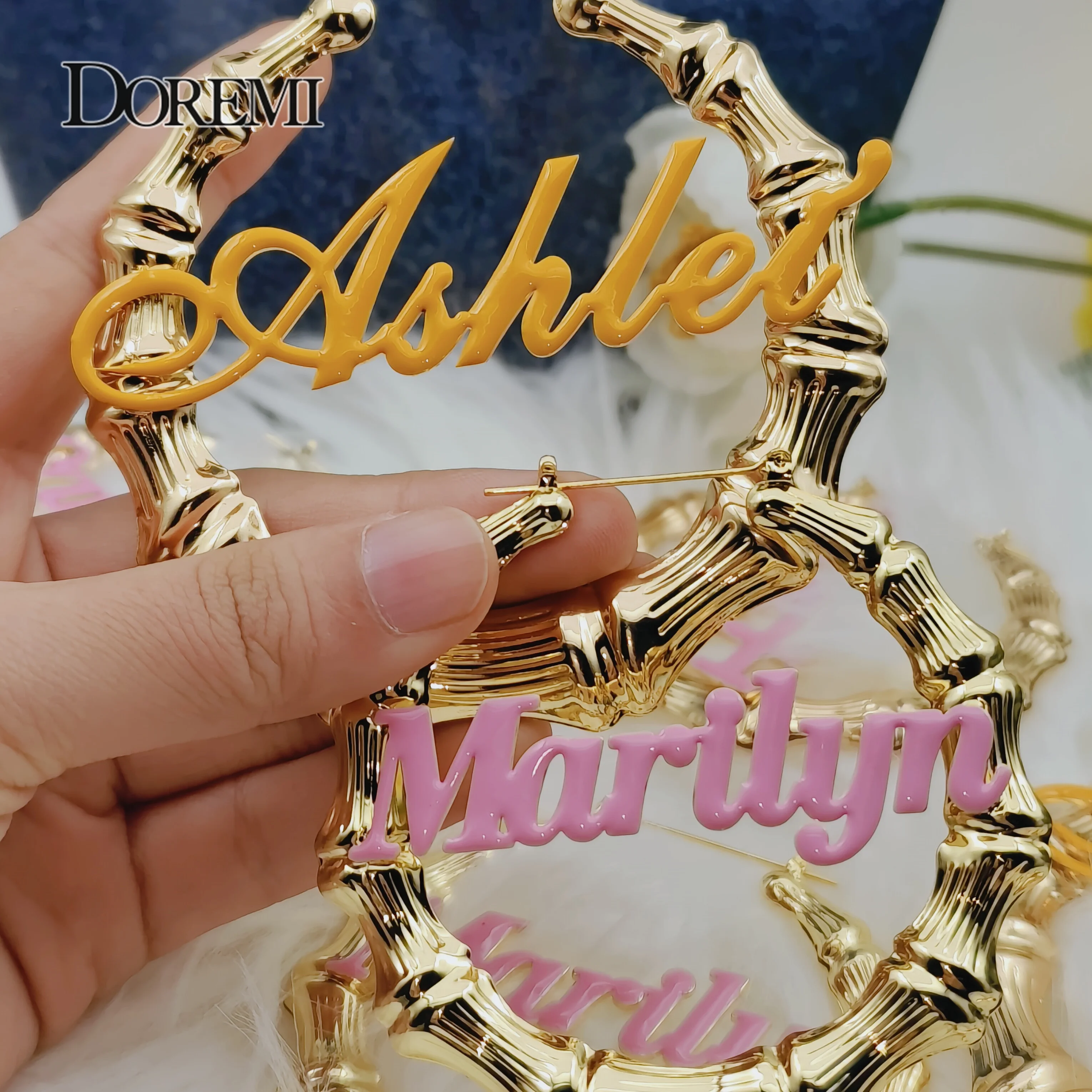 DOREMI Stainless Steel 30-100MM Custom Name Earrings Personalized Enamel Bamboo Big Earrings  Design for Women Hiphop Jewelry