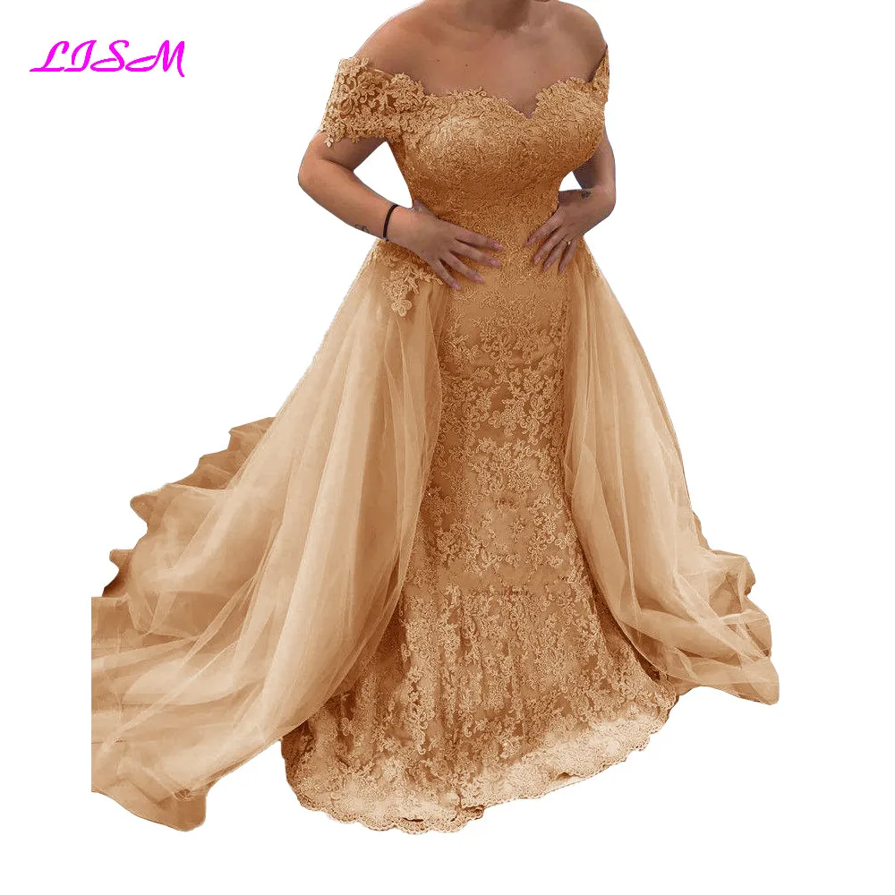 Elegant Off ไหล่ Mermaid Evening Dresses 2020ลูกไม้ Appliques ยาว Tulle ชุดรถไฟเซ็กซี่ปาร์ตี้ชุด