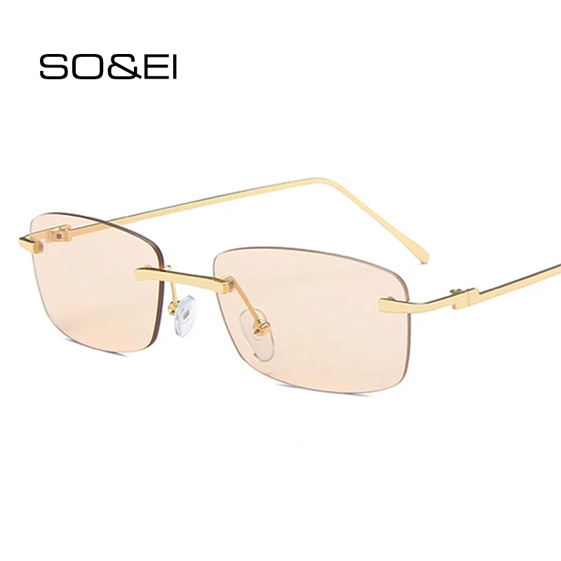 SO&EI Fashion Small Rectangle Rimless Sunglasses Women Vintage Clear Ocean Lens Eyewear Men Gradient Sun Glasses Shades UV400