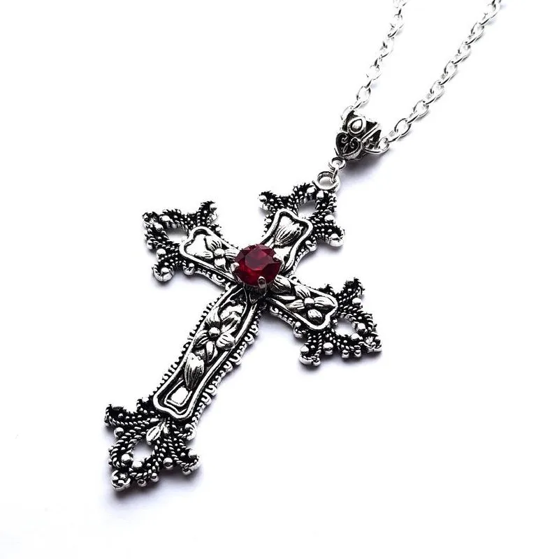 Goth Large Detailed Cross Drill Jewel Necklace Gothic Vampire Pendant Steam Punk Jewellery Fashion Charm Statement Women Gift