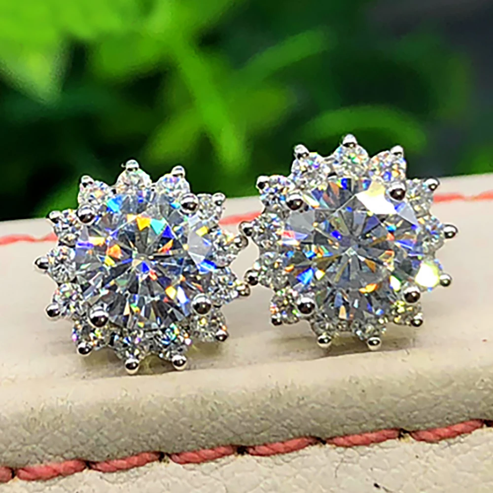 Custom Solid 18K White Gold Stud Earrings Women 0.5 1 2 3 Carat Round Moissanite Diamond Wedding Engagement Party SunFlower