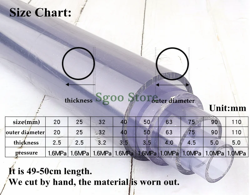 OD 63~110~280mm Transparent UPVC Pipe Aquarium Fish Tank Adapter Garden Irrigation System PVC Tube Watering Fittings 50cm Long