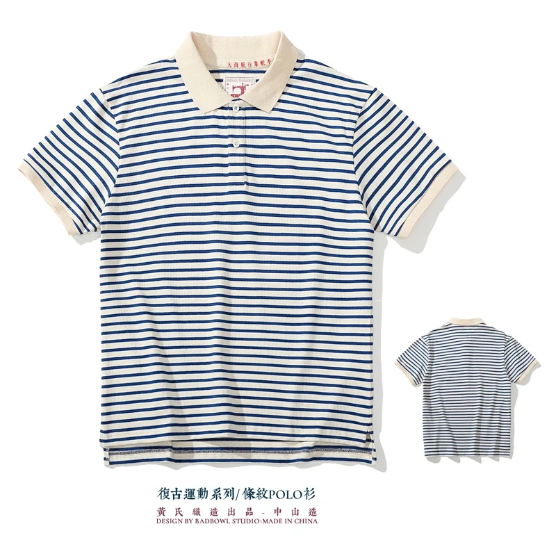 Vintage New Brand Polo Shirts Summer Men's Blue Stripe Tshirt 100% Cotton Turn Down Collar Short Sleeve Tennis Sport Casual Tops