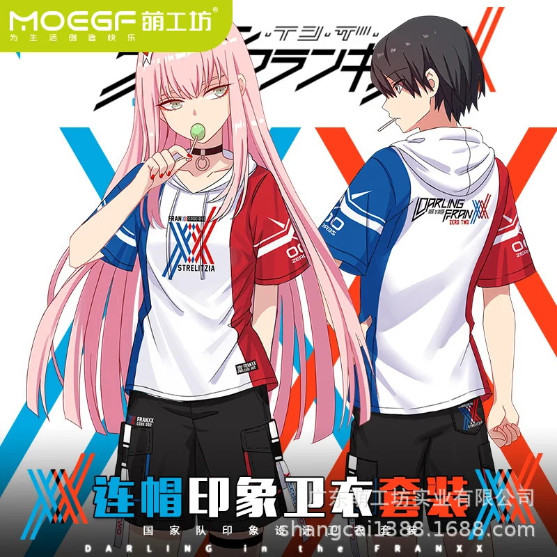 New national team Anime DARLING in the FRANXX 02 ZeroTwo hooded T-shirt short sleeved Pants Set summer student cosplay costume