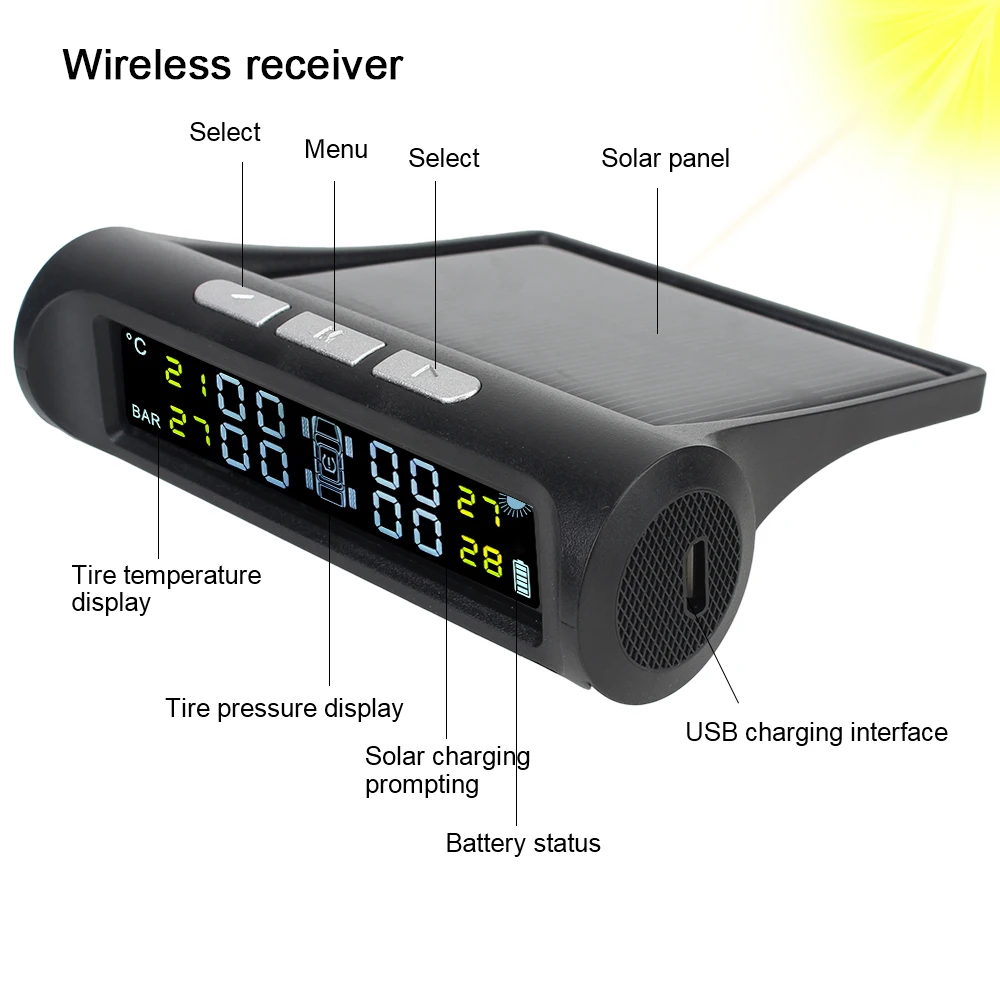 Tyre Pressure Monitoring System Digital LCD Display Solar TPMS Universal with 4 External Sensors