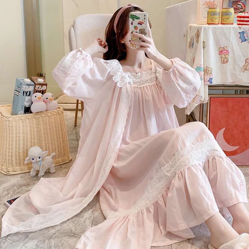 Fairy Night Dress Women Autumn Pure Cotton Long Robe Slip Dress Peignoir Sets Princess Sleepwear Victorian Vintage Nightgowns