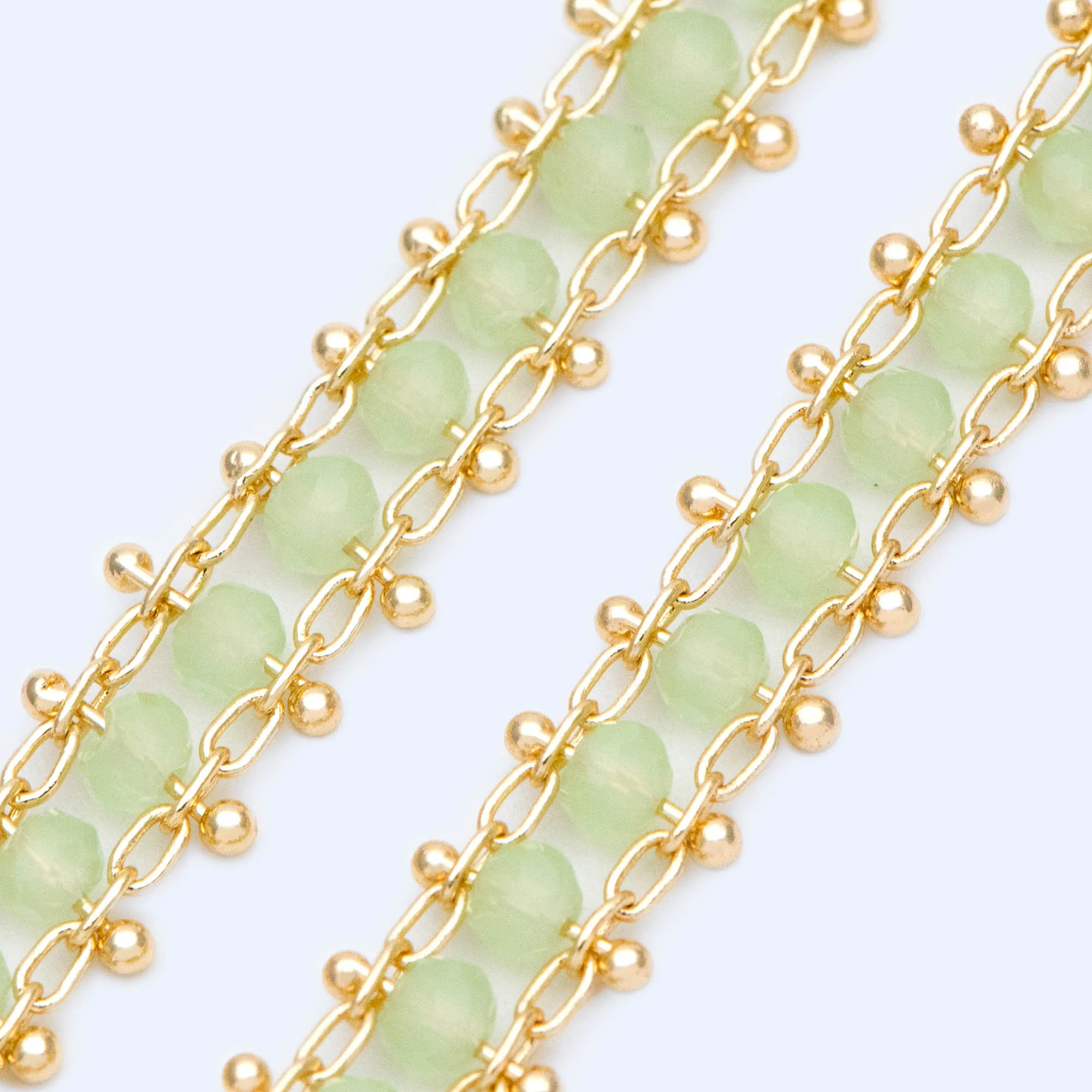 

Gold plated Brass Beaded Chain 8mm, Designer Chain with Green Crystal Glass Rondelle Beads (#LK-171-2)/ 1 Meter=3.3ft