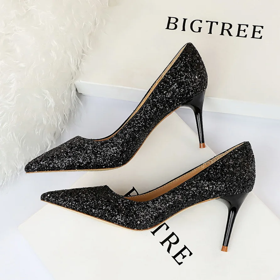 BIGTREE Shoes Women 7 Cm Heels Shiny Sequin Cloth Women Pumps Metal Heel Lady Heels Fashion Wedding Shoes Luxury Party Shoes