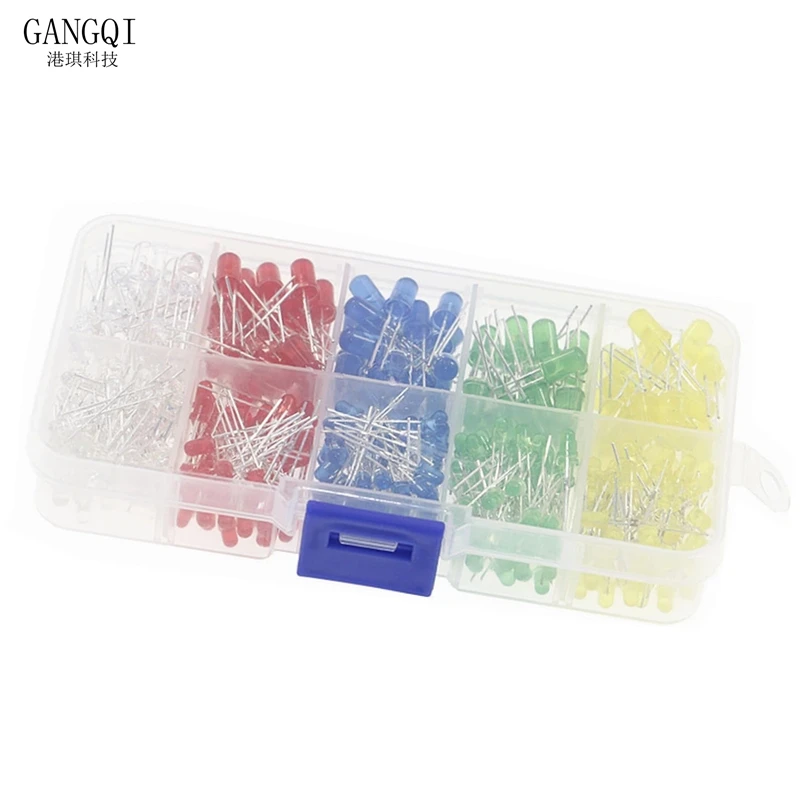 5x100PCS=500PCS 3MM LED Diode Kit Mixed Color Red Green Yellow Blue White + BOX