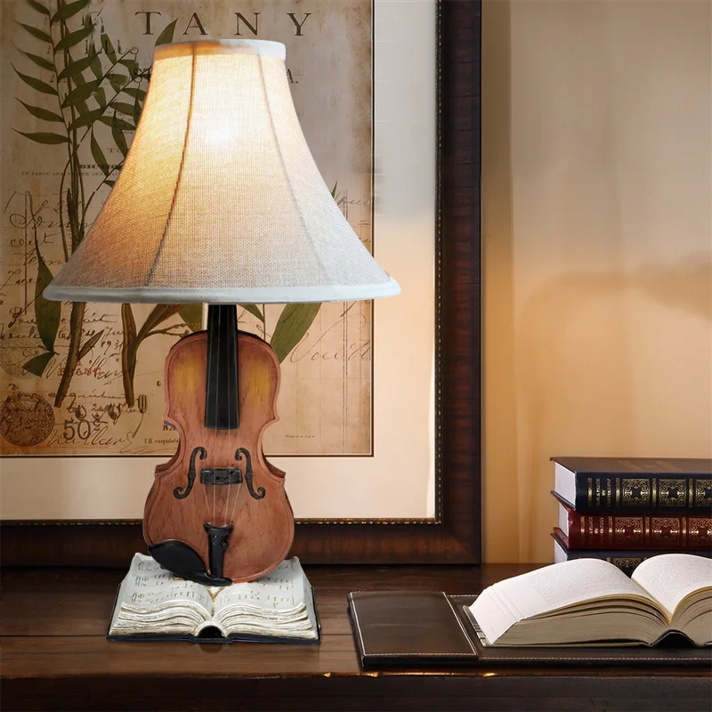 

Resin Fabric Table Bedroom Lamp Creative Violin Deco Living Room Study Bedside Desk Lights Luxurious Craft Table Lamp Series