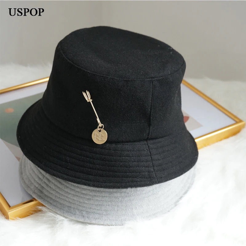 USPOP Brand NEW Women Bucket Hats Winter Wool Hats Letter Metal Pin Bucket Hats Panama Hats