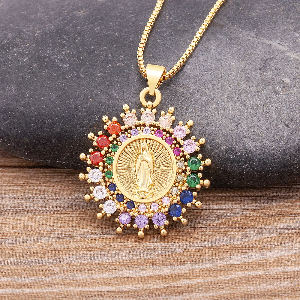 Nidin New Fashion Rainbow Zircon Virgin Mary Pendant Church Christian Prayer Jesus Religion Necklace For Women Jewelry Gift