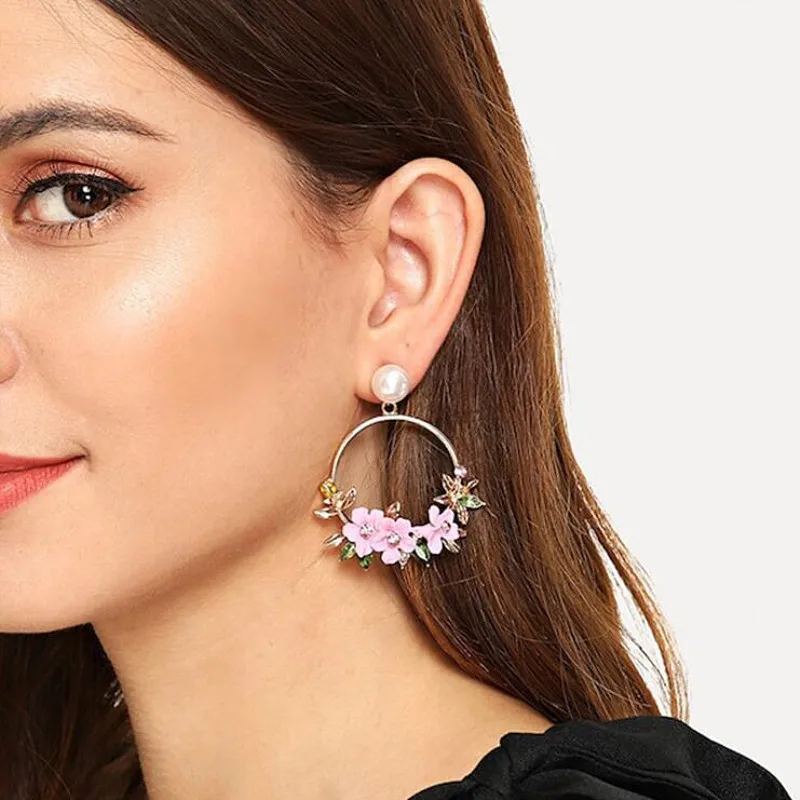 Trendy Gold Metal Round Circle Drop Earrings Cute Pink Flower Earrings for Women Girls Jewelry Female Rhinestone Gifts Brincos