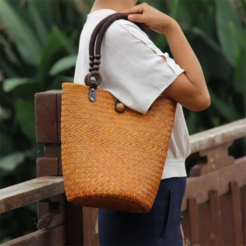 22x29CM  Hand-woven Women Thailand Straw Bag Casual Vacation Retro Fresh Handbag Shoulder Bag Bucket Bag a6116