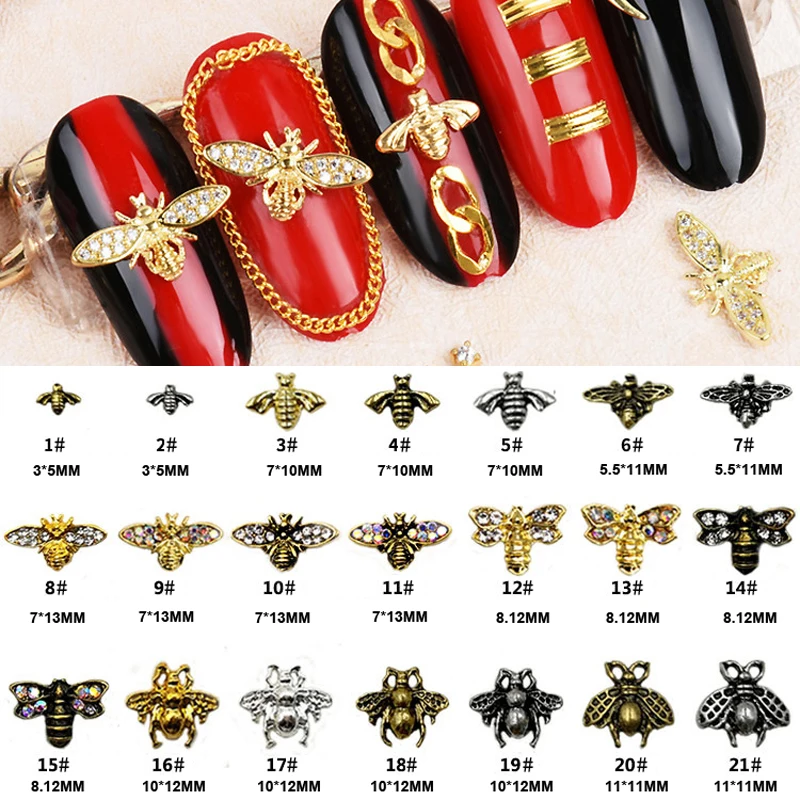 

10pcs Japan 3d Alloy Bee Metal Nail Art Decorations Gold Silver Copper Bee Studs Glitter Rhinestone Jewelry Manicure Accessories