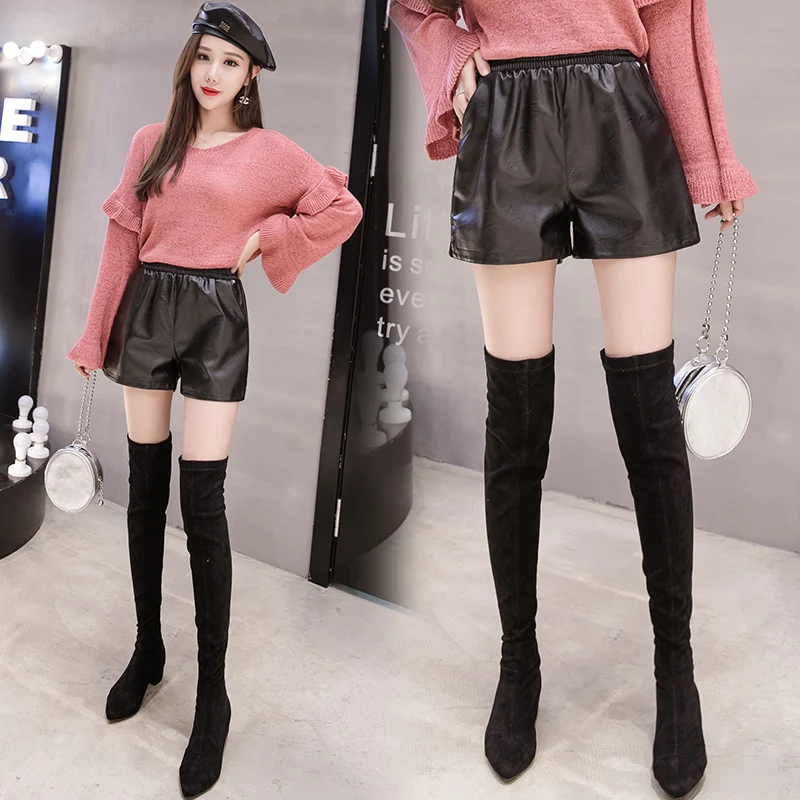 

Spring Autumn Winter Basic PU Leather Shorts Womens High Waist Sexy Black Shorts Korean Elegant Ladies Casual Shorts Plus Size