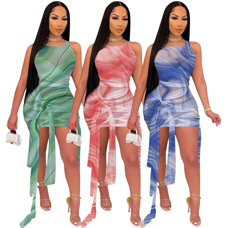 Sexy Sheer Mesh Tie Dye Print Lace Up Mini Dress Sleeveless Bodycon Short Vestidos Night Club Wear Fashion See Through Robes2021