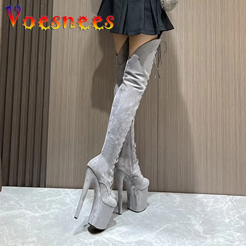 Women Autumn Winter High Heel Long Boots Solid Color Flock Lace Up Over-the-Knee Boots Sexy Peep Toe Platform Pole Dance Shoes