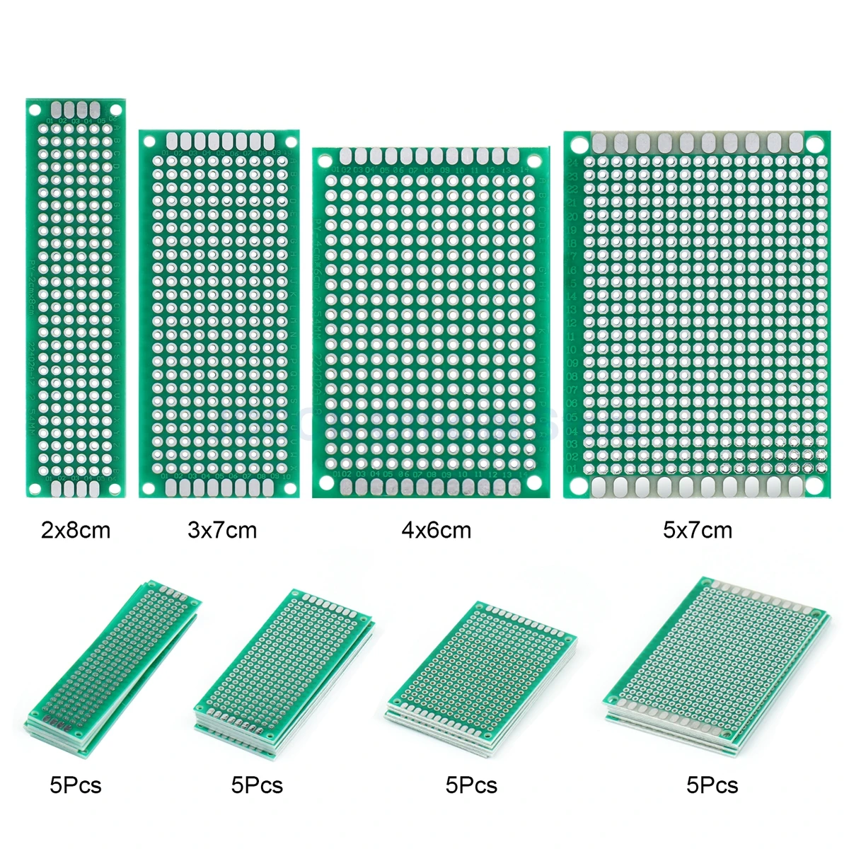 20Pcs PCB Prototype Board Circuit Protoboard Universal Stripboard Prototyping Veroboard 5Pcs Each 2x8 3x7 4x6 5x7cm Soldering