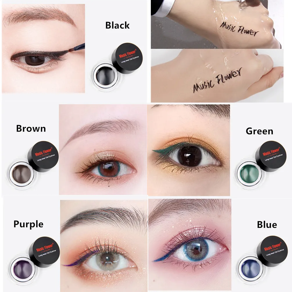 Music Flower 2 In 1 Brown + Black Eyeliner Gel Make Up Water-proof Eye Liner Kit Eye Makeup Tool With Brush 24H Long Lasting