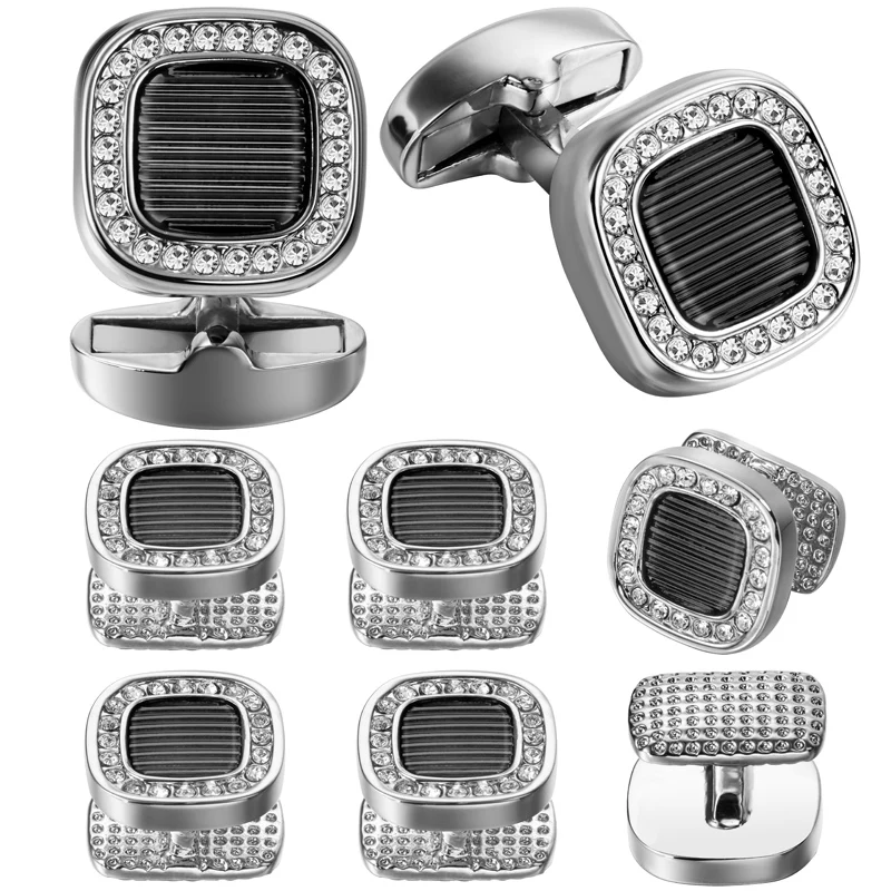 HAWSON 8PCS/Set Tuxedo Cufflinks and Studs for Men Retro Square Enamel Cuff Links Set with Crystal Fashion Men\'s Jewelry