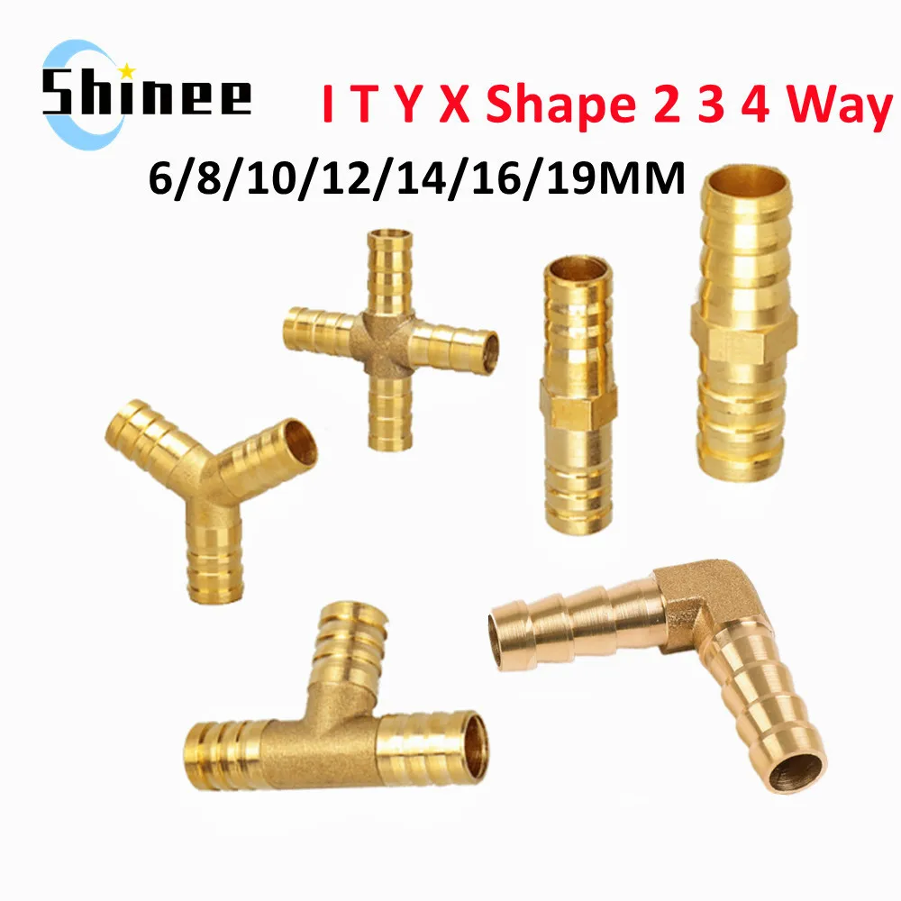 Brass Barb Pipe Fitting Straight Elbow T Y X Shape 2 3 4 Way Connector for 6mm to 19mm 8mm 10mm 14mm 16mm 19mm Copper Water Tube