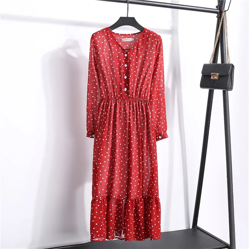 Chiffon Long Sleeve Dress Women Korean Print Polka Dot Dress Summer Vintage Dresses Party Vestidos Verano 2020 LWL1692