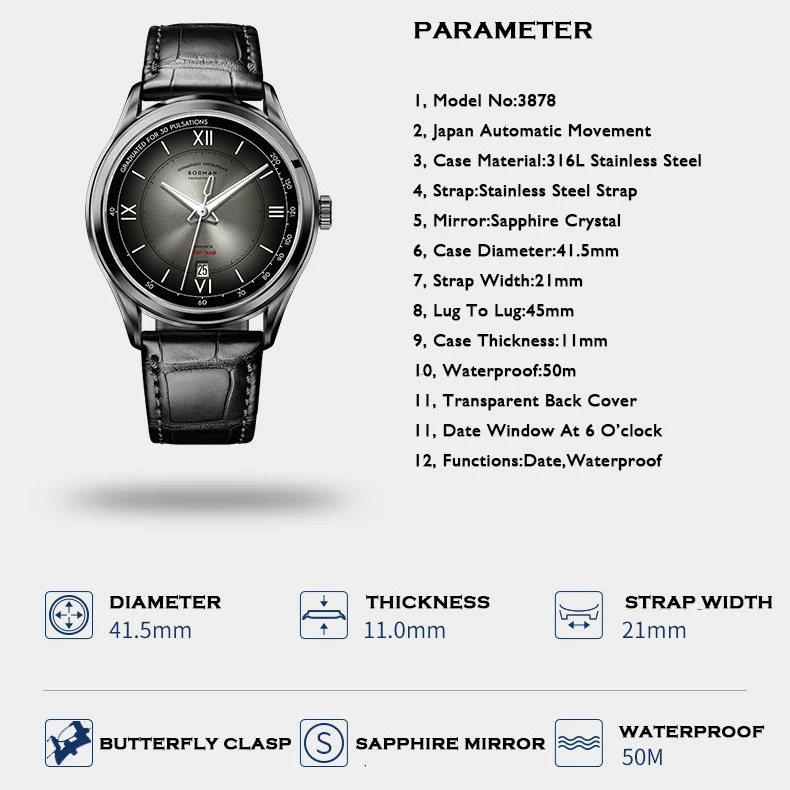 BORMAN Fashion Men Watch Mens Automatic Watches Mechanical Wristwatch Waterproof Sapphire Top Luxury Brand Gradient Color Dial