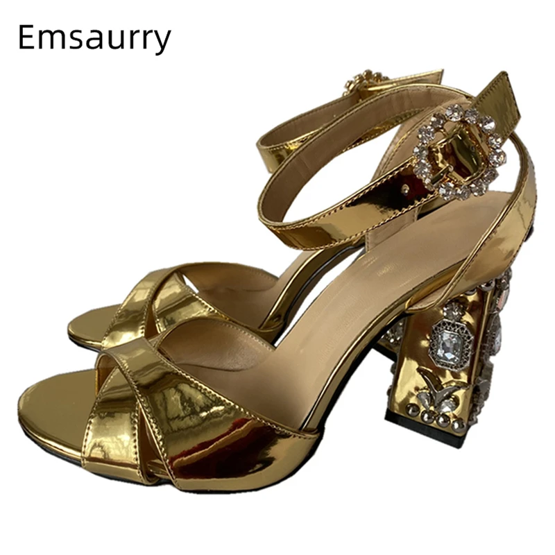 Cross-belt Ankle Strappy Banquet Shoes Woman Gold Patent Leather Metal Decor Crystal Diamond Chunky Heel Summer Sandals Women