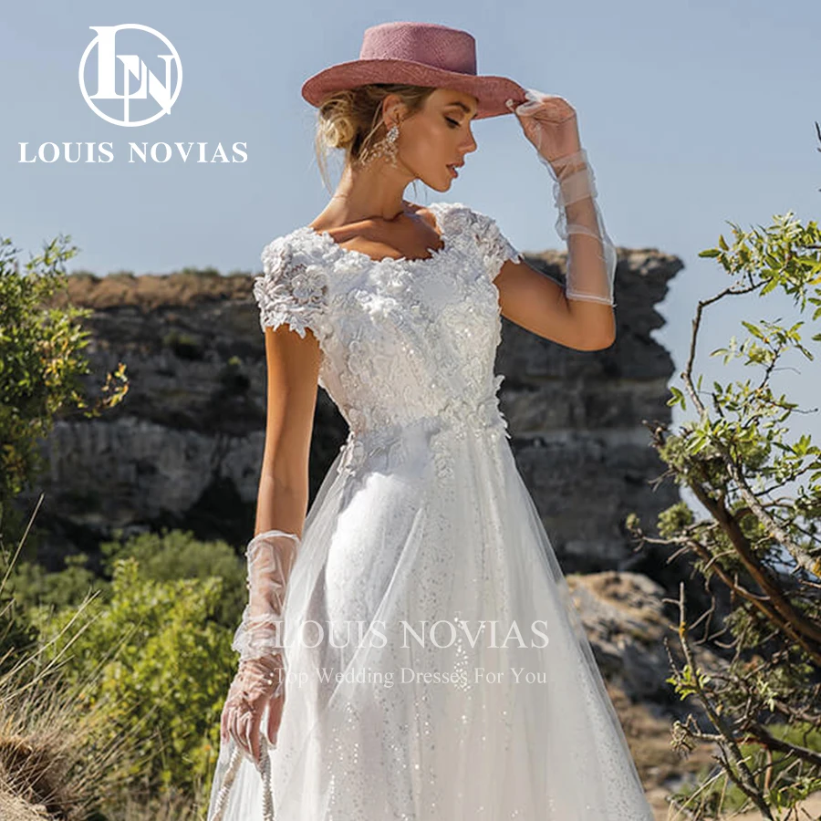 LOUIS NOVIAS a-line abito da sposa 2022 Sexy Scoop Backless abito da sposa Appliques manica corta paillettes Beach Vestidos De Novia