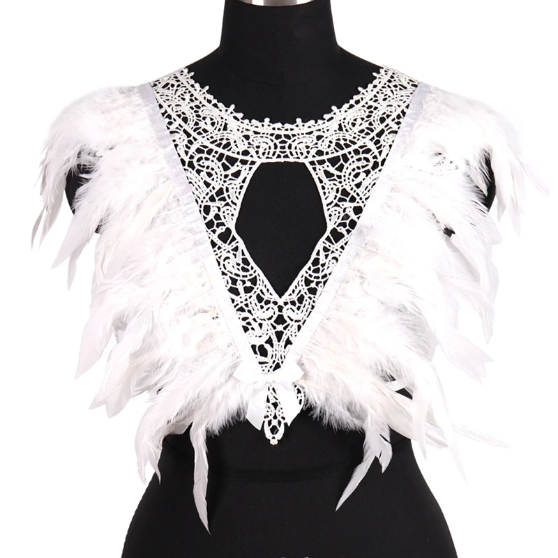 

Feather White Color Garter Belt Full Body Harness Bra Straps Top Size Shoulder Epaulets Set Open Cage Chest Sexy Dance Clothes