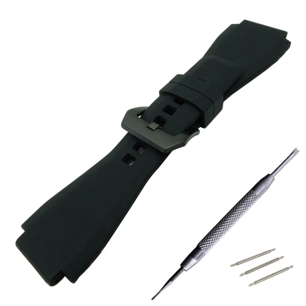 24 X 34mm Black Rubber Leather Watch Band Strap for Bell for Ross BR-01 and BR-03 DIY Replace Black / Silver Buckle