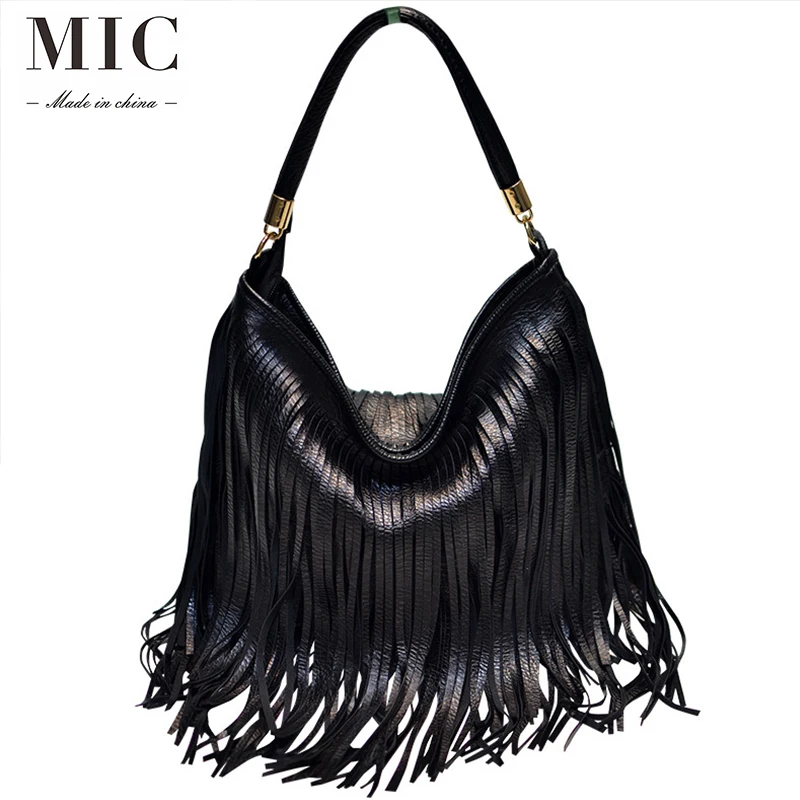 Fashion zipper high quality Solid color soft leather double side tassel bag portable women\'s bag single shoulder cross arm bag