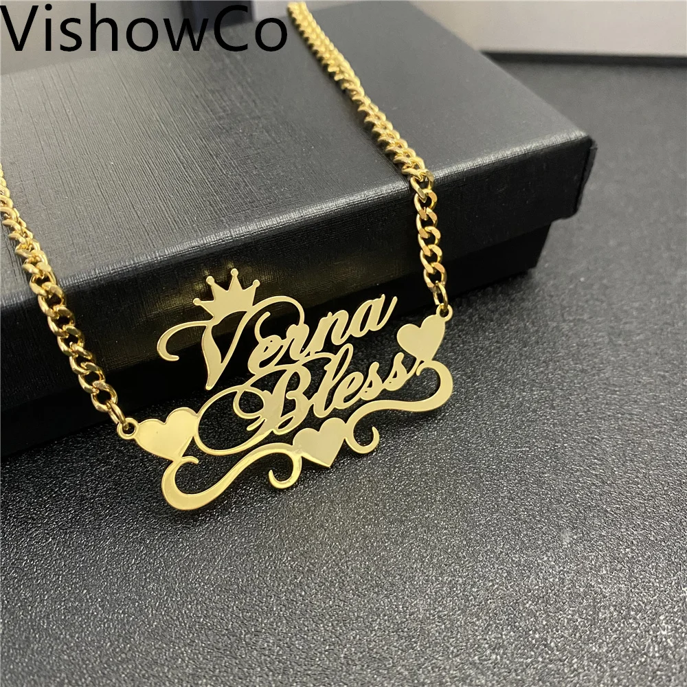 

VishiowCo Custom Name Necklace Stainless Steel Gold Cuban Chain Personalized Two Names With Heart Necklace Jewelry For Best Gift