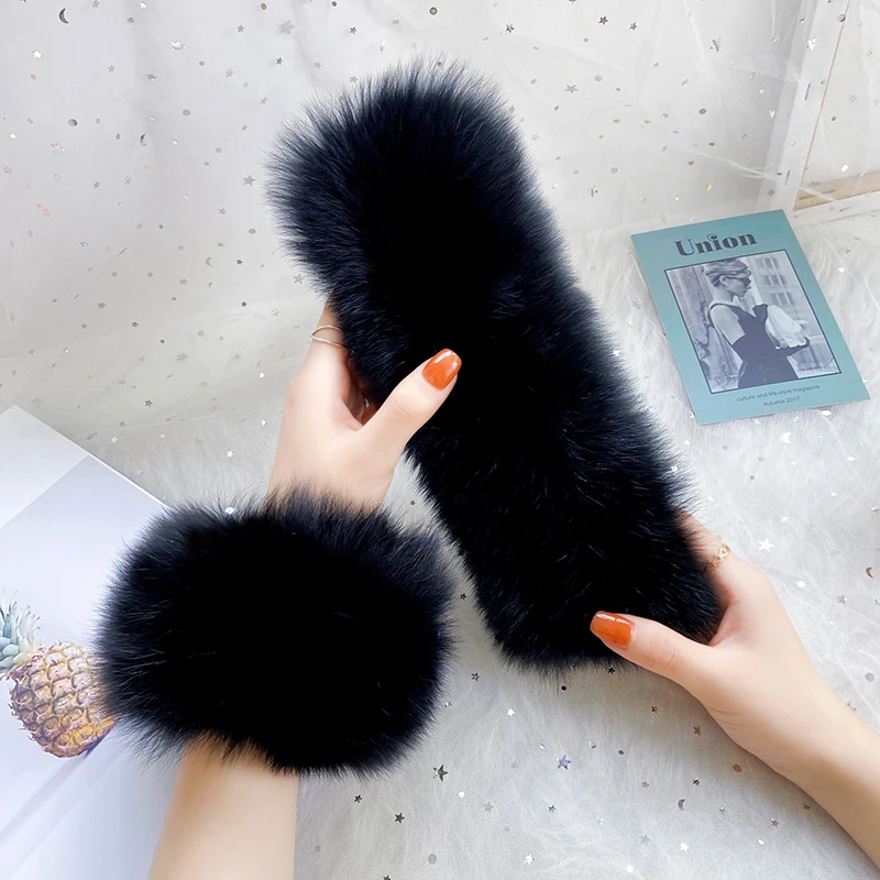 Women 100% Real Fox Fur Cuffs Winter Warm Fashion Lady Bracelet Hand Wear Genuine Fur Sleeve Accessories