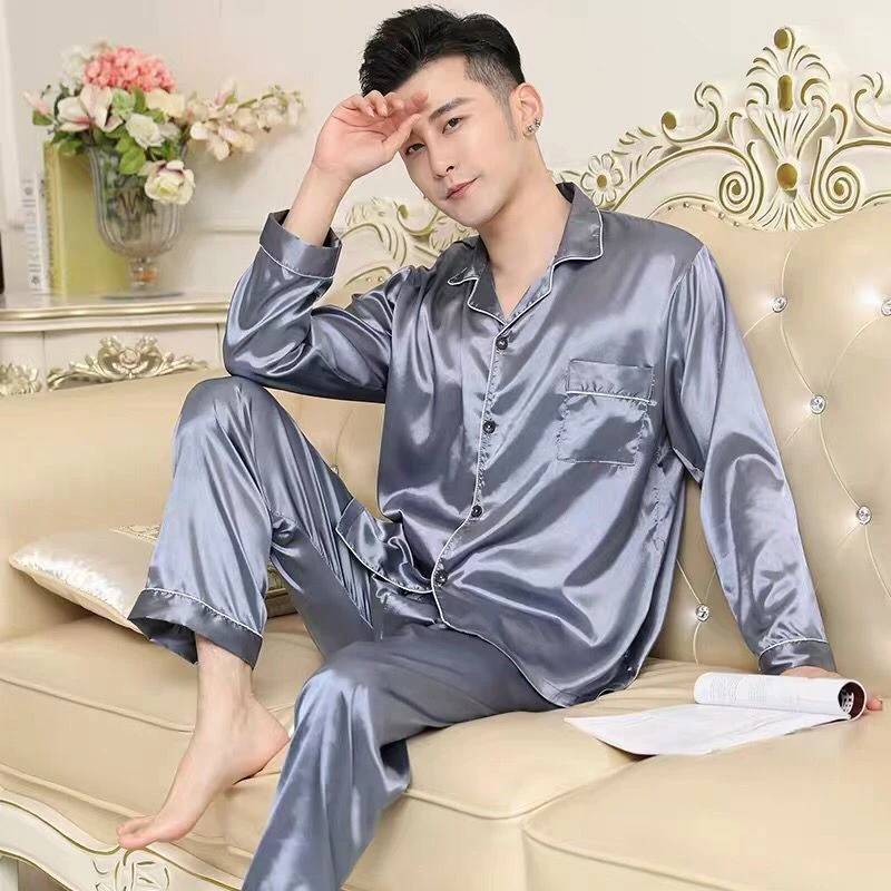 2021 Zijden Pyjama Plus Size Mannen Effen Leuke Pyjama Voor Mannen Zomer Nachtkleding Pyjama Tweedelige Set Satijn Zijden Pyjama loungewear