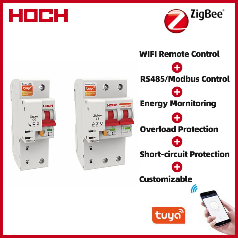 

HOCH ZJSB9 Tuya Energy Monitoring Zigbee 1P 2P Smart Circuit Breaker Remote Control Din Rail Automatic Intelligent Switch