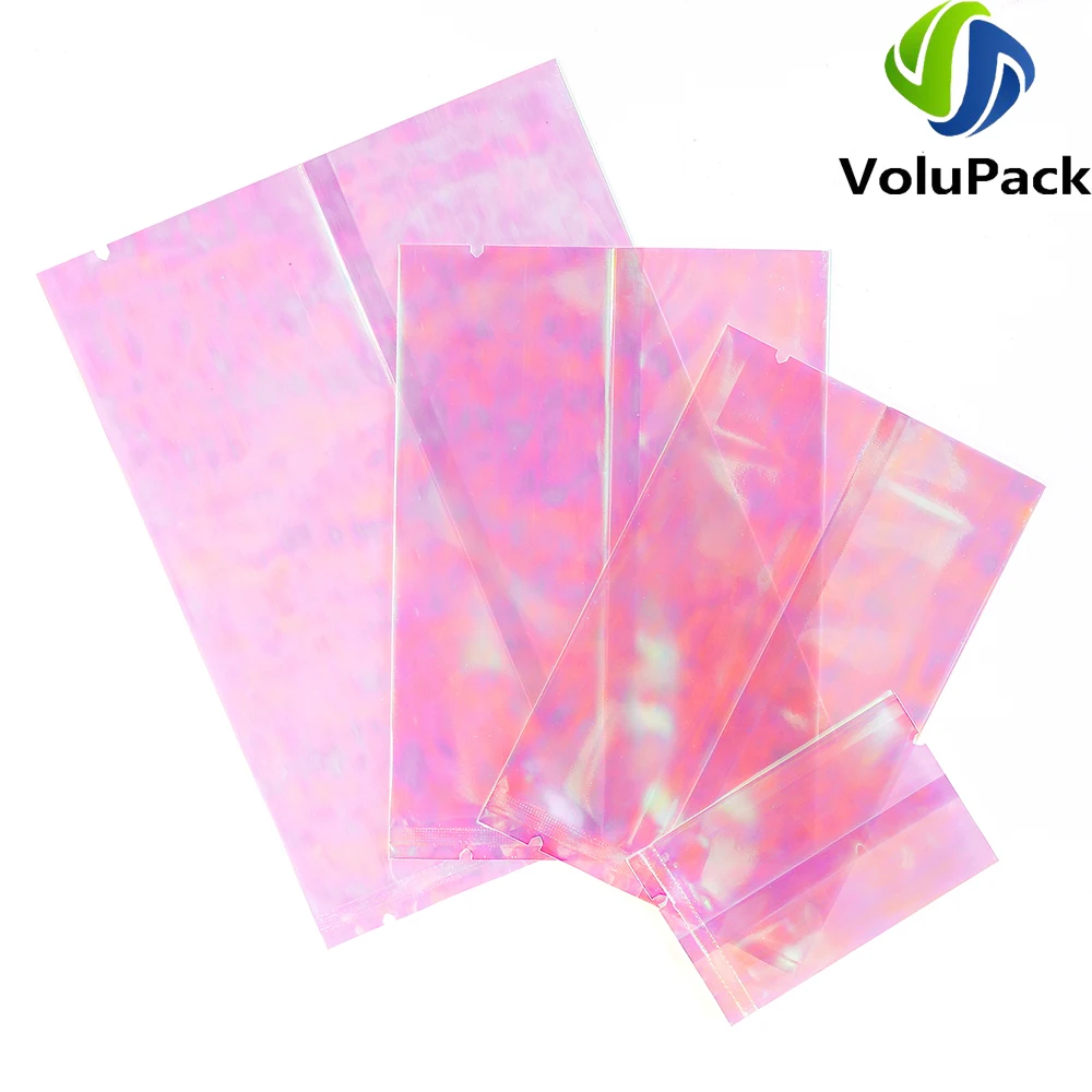 PP Mylar Packaging Bags, Plastic Vacuum Heat Sealing Pouches, Glossy Holographic Pink Storage Bags, Open Top, Tear Notch, 100Pcs