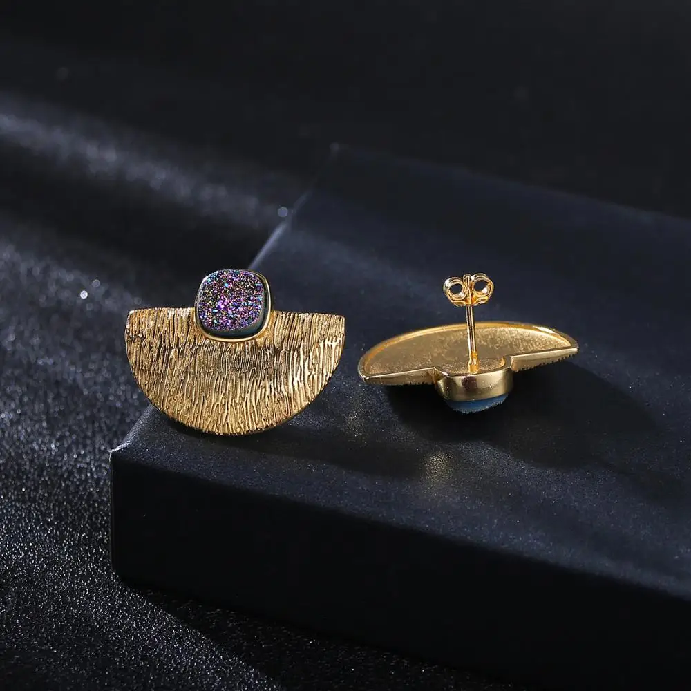 ShinyGem Natural Square Crystal Gold Earrings Luxury Semicircle Stud Sparkling For Women S925 Sterling Silver