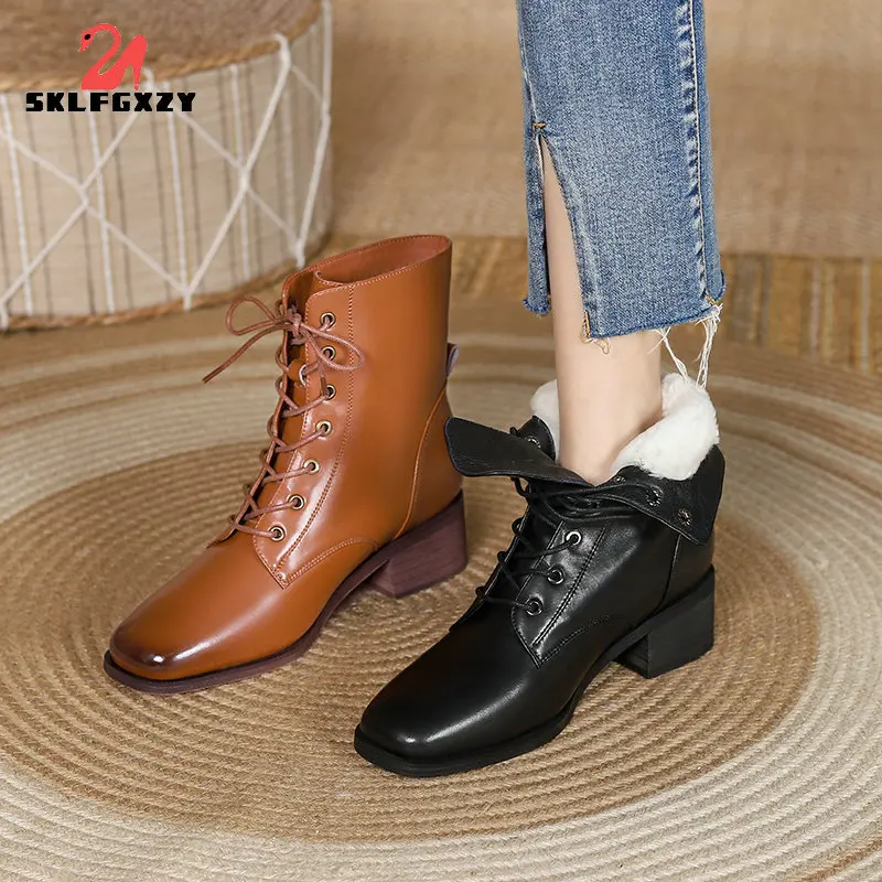 

Women Fashion Boots Autumn Winter Wool Warm Snow Boots Ladies Genuine Leather Thick Heel Platform Ankle Boots