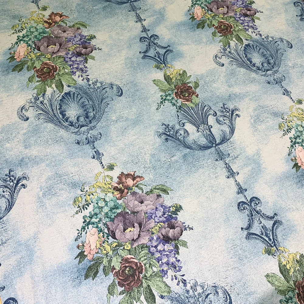 Fashion Vintage Fabric French Floral Blue Tone Curtain Drapery Sofa Armchair Upholstery Home Decorative Cloth 280cm 1 Meter Pack