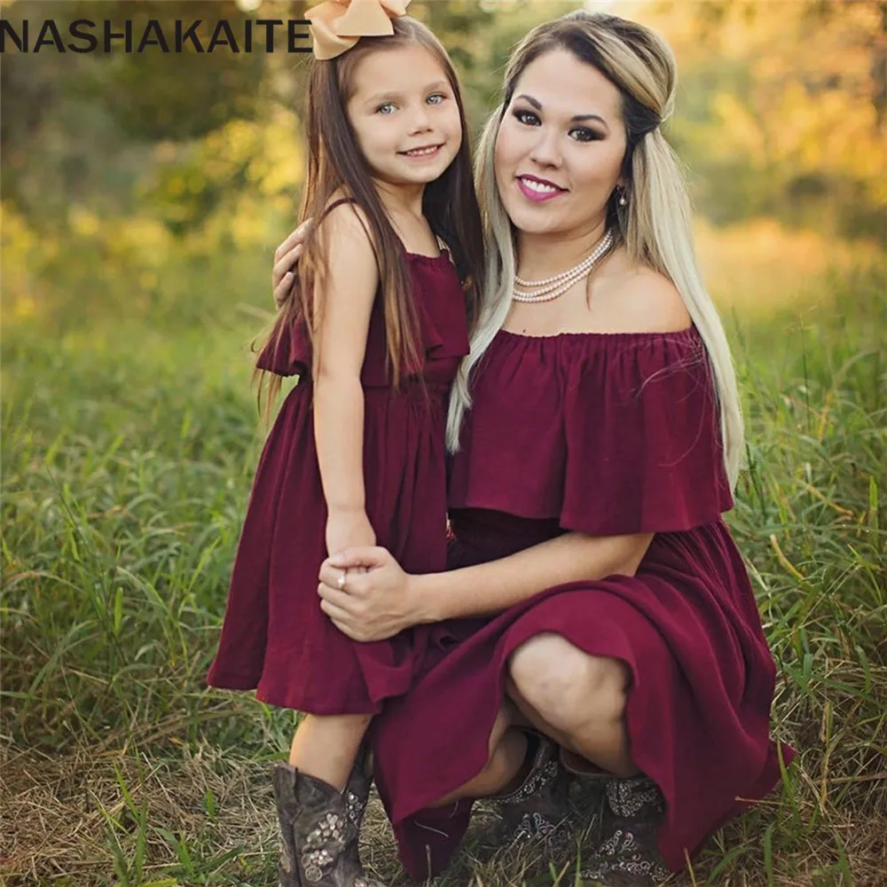 NASHAKAITE Summer Mom and daughter Dress Ruffles Sexy Off Shoulder Red Wine Dresses For Mother Daughter Mum And Daughter Clothes