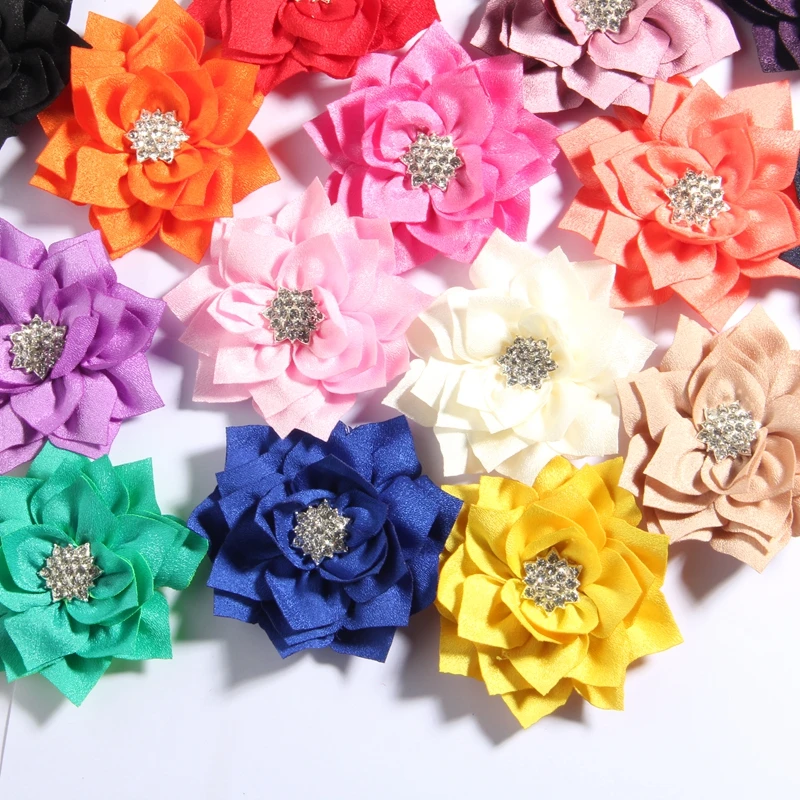 

60PCS 7.5CM 2.95" Fashion Lotus Fabric Flowers With Star Rhinestone Center For Hair Clip Accessories For Wedding Bouquet