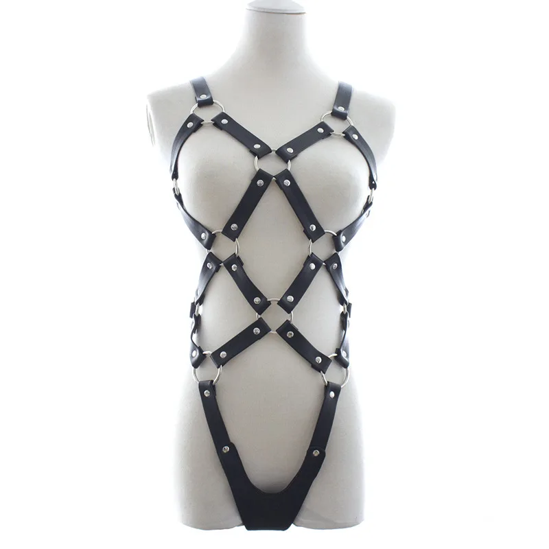 Sexy Women Faux Leather Strap Spider Net Teddy Open Breast Body Harness Thong Leotard Fetish Bodysuit Sexy Lingerie Black