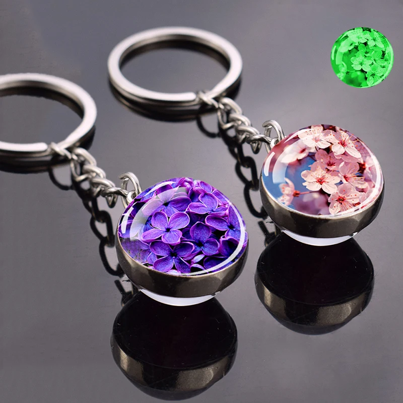 Luminous Flower Keyring Rose Lotus Cherry Blossoms Sunflower Keychain Glass Ball Pendant Jewelry Gift for Women Cute Key Chain