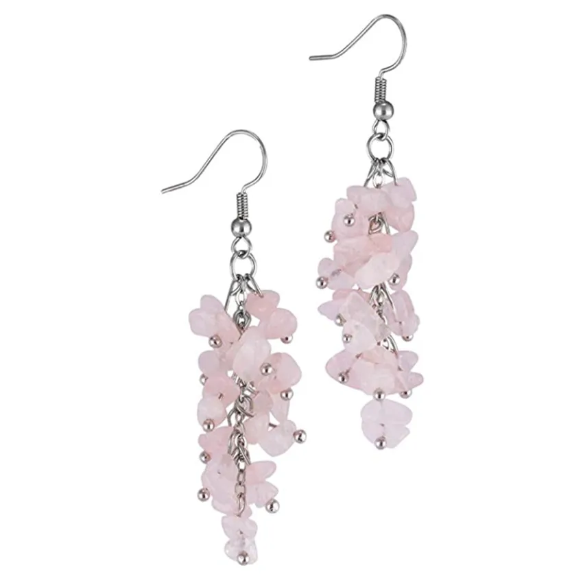 FYJS Unique Silver Plated Irregular Shape Rose Pink Quartz Dangle Earrings for Women Fashion Jewelry