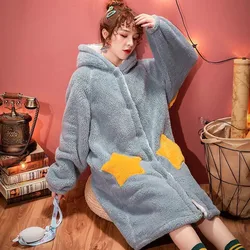 Women Thick Coral Fleece Robe Sleepwear Cute Hooded Nightgown Nightwear Winter Warm Flannel Nightdress With Pocket Long Bathrobe