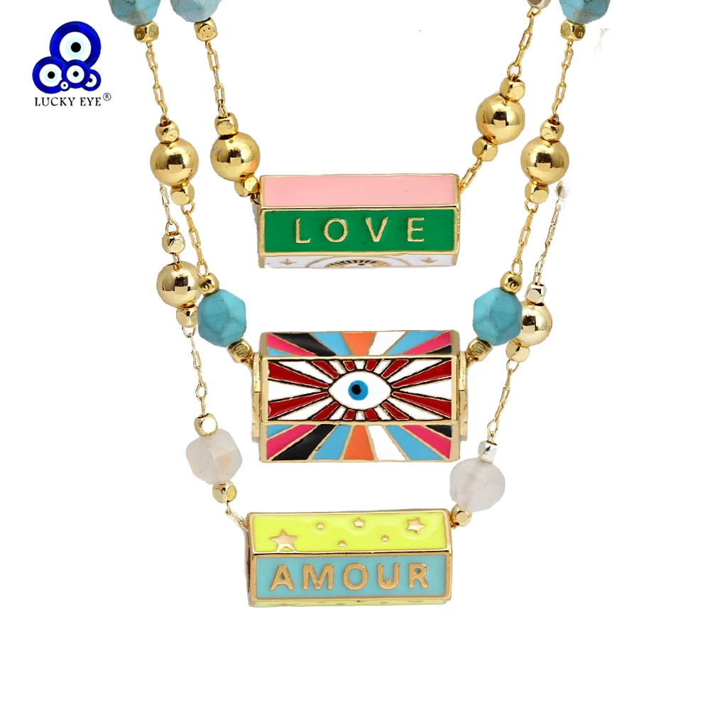 Lucky Eye Vintage Rainbow Enamel Pendant Necklace Stone Metal Bead Chain Evil Eye Necklace for Women Girls Men Jewelry BT300