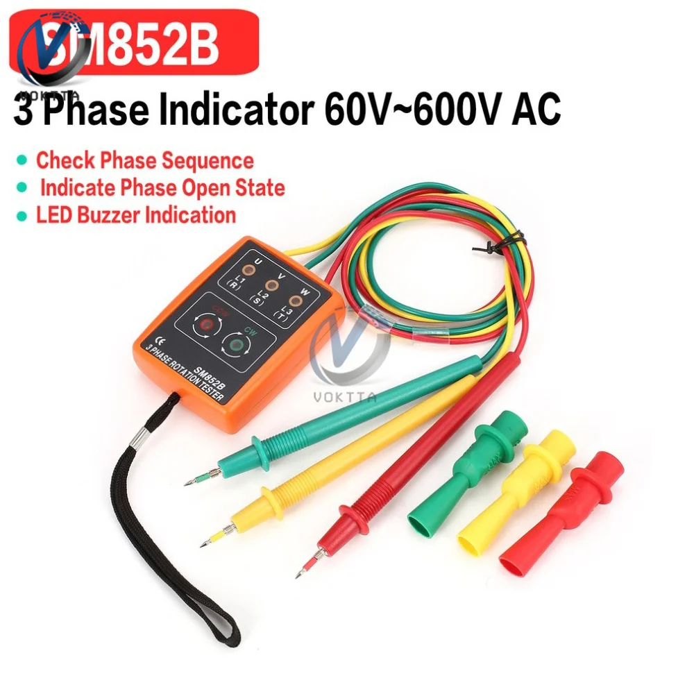 SM852B Digital Phase Sequence Meter 3 Phase Tester AC Phase Indicator Detector LED Buzzer Sequence Meter 60V-600V Voltage Tester